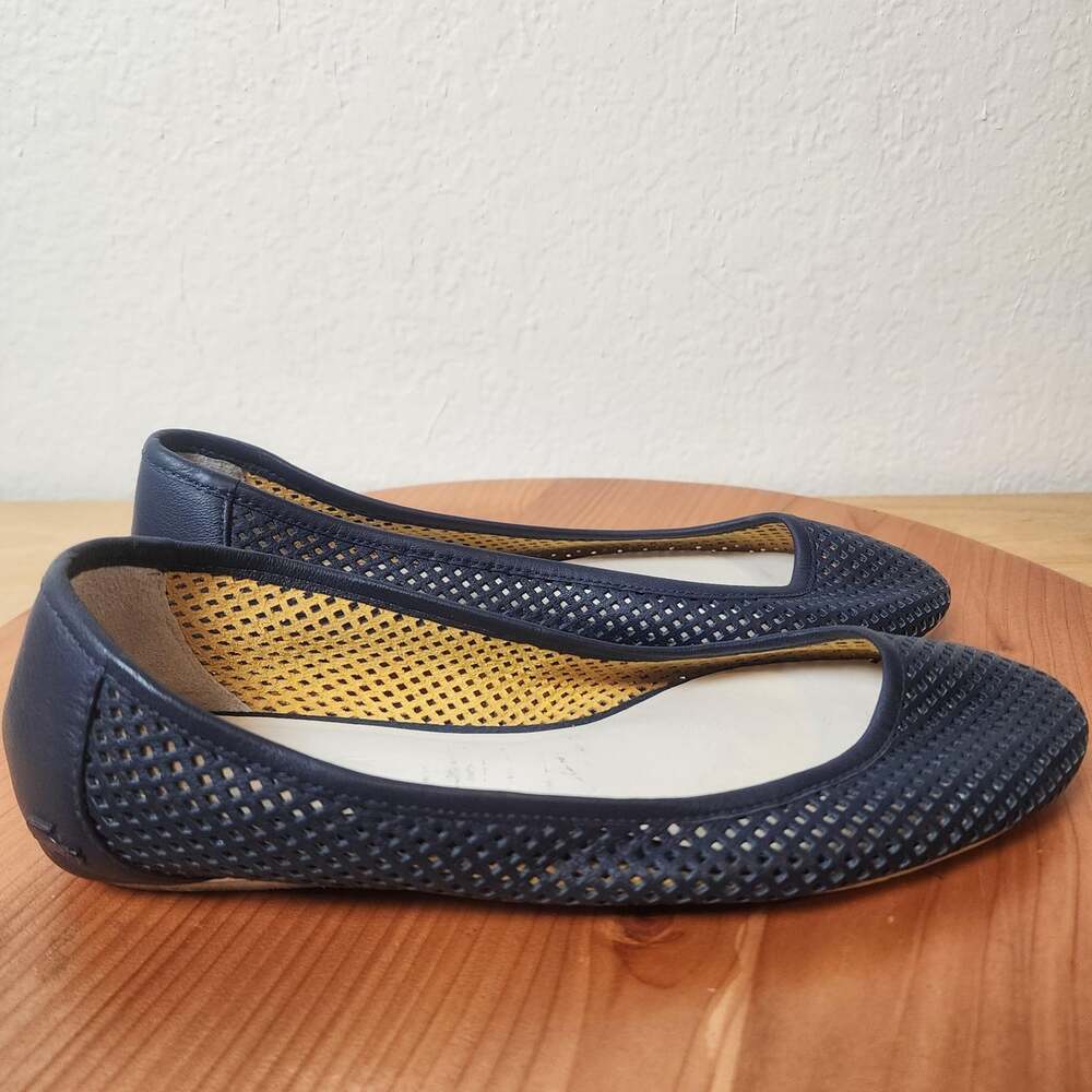 Lacoste Shoes Womens Size 5.5 Blue Leather Perforated Ballet Flats Logo Slip On